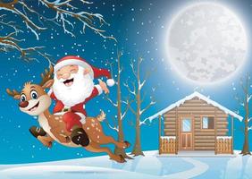 Santa claus riding a reindeer through the night village