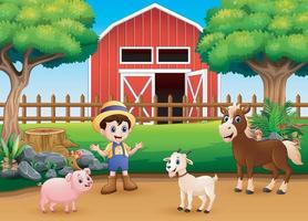 escenas de granja con diferentes animales y granjeros en el corral. vector