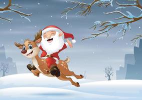 Santa claus with deer jumping in the snow vector