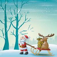 Cartoon santa claus pulling reindeer on a sleigh with sack of gifts vector