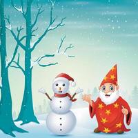 Old santa claus waving hand with snowman vector