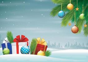 feliz fondo navideño con ramas de árbol y cajas de regalo vector