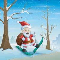 Santa claus skiing on the snow with bag of gifts vector