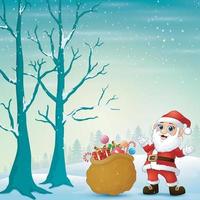 Santa claus with a sack of gifts walking on the snow vector