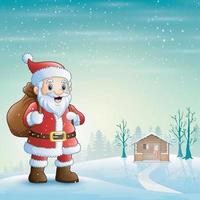 Santa claus standing in the snow with a bag of gifts vector