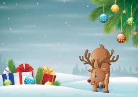 Cartoon reindeer standing near gift present boxes in snow field vector