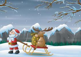Christmas night with santa claus pulling reindeer on a sleigh with sack of gifts vector