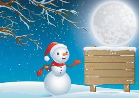 A cute snowman and wooden sign at winter night vector