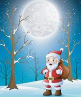 Santa claus walking with gifts bag through winter forest vector