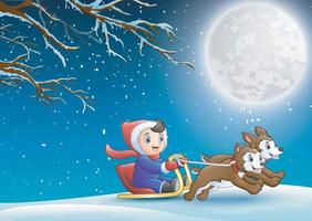 Cartoon boy riding sled passing through the forest night vector