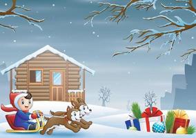 Cartoon boy riding sled passing through the snowy village vector