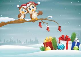 Owls couple in christmas hats on the tree branch vector