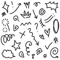 Abstract arrows, ribbons, crowns, hearts, explosions and other elements in hand drawn style for concept design. Doodle illustration. Vector template for decoration