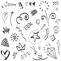 Abstract arrows, ribbons, crowns, hearts, explosions and other elements in hand drawn style for concept design. Doodle illustration. Vector template for decoration