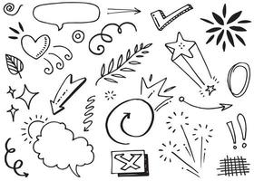 Abstract arrows, ribbons, crowns, hearts, explosions and other elements in hand drawn style for concept design. Doodle illustration. Vector template for decoration