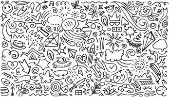 Abstract arrows, ribbons, crowns, hearts, explosions and other elements in hand drawn style for concept design. Doodle illustration. Vector template for decoration