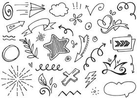 Abstract arrows, ribbons, crowns, hearts, explosions and other elements in hand drawn style for concept design. Doodle illustration. Vector template for decoration