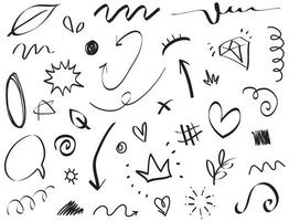 Abstract arrows, ribbons, crowns, hearts, explosions and other elements in hand drawn style for concept design. Doodle illustration. Vector template for decoration