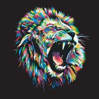 cabeza de león colorida en estilo pop art aislada con fondo negro vector