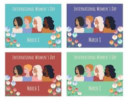 Set of postcards for International Women's Day. Women of different nationalities in flowers. Vector illustration