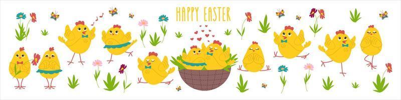 Cute Easter chickens set, Yellow chickens in different poses, a couple in love, doing yoga. Vector illustration