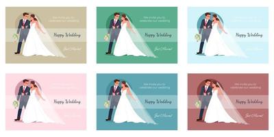 Set of postcards Happy Newlyweds. Bride holds the groom's hand. Vector illustration