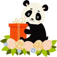 Cute panda with gift and easter eggs. Vector illustration. Panda character in flat style