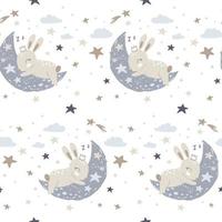 Cute bunny sleeping on the moon. Vector Illustration