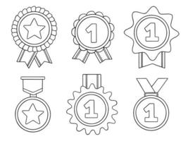 Hand drawn set of medals doodles. Champion and winner awards medal with ribbon in sketch style.  Vector illustration isolated on white background.