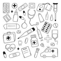Hand drawn set of medicine doodles. Medicine equipment, drugs, pills, pharmacy in sketch style.  Vector illustration isolated on white background.