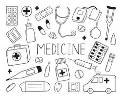 conjunto dibujado a mano de garabatos de medicina. equipo de medicina, drogas, pastillas, farmacia en estilo boceto. ilustración vectorial aislado sobre fondo blanco. vector