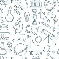 Seamless pattern of Education and Science doodle. Formulas in physics, mathematics and chemistry, laboratory equipment in sketch style. Hand drawn vector illustration.