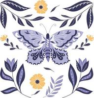 estilo de arte popular. Ilustración de vector plano colorido con mariposa, flores, elementos florales.