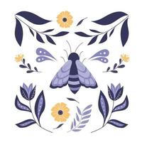 Spring motif in folk art style. Colorful flat vector illustration with moth, flowers, floral elements.