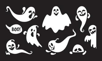 lindos personajes fantasma diseño de estilo plano ilustración vectorial conjunto aislado sobre fondo negro. vector