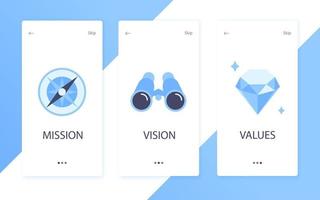 Mission, vision and values flat style design icons signs web concepts vector illustration set.