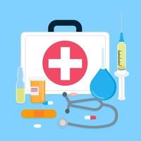 White first aid kit inside vector illustration. Emergency medical case with red cross, syringe, pills, bottle, enema, stethoscope, patch, vaccine flat style design isolated on light blue background.