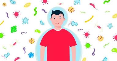 Kid boy with protection mask with bacterias and microbs behind him flat style design vector illustration isolated on white background. Flu and season diseases protection concept. Be healthy