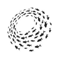 Silhouettes school of fish with marine life of various sizes swimming fish in the circle flat style design vector illustration.