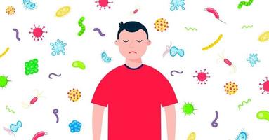 Kid boy with protection mask with bacterias and microbs behind him flat style design vector illustration isolated on white background. Flu and season diseases protection concept. Be healthy