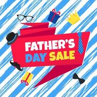 Father's day sale concept template flat style design vector illustration with big ribbon, text typography, gift boxes, hat, golden crown, mustaches, tie bow eye glasses and funny background.