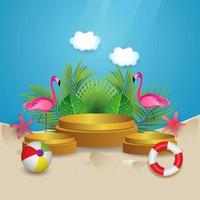 hermoso verano en playa tropical con podio, flamingo, hojas de palma y nubes. diseño de verano de fondo. vector