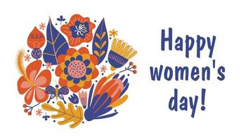Greeting card, banner for the international women's day on March 8. Bouquets of colorful flowers. Vector illustration on a white background.