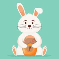 Cute rabbit with a jar of carrot jam. Flat vector illustration