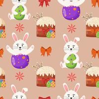 Easter cake with colorful eggs and easter bunny seamless pattern. Spring holiday. Happy easter eggs. Seasonal celebration. vector