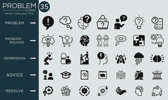Problem concept icons set. Contains such icons problem solving, depression, analyze, solution and more, can be used for web and apps. Free vector available.
