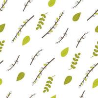 Easter pattern with willow and leaves on a white background. Vector illustration in a flat style