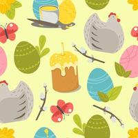 Easter pattern with a cake of eggs and chicken on a light green background. Vector illustration in a flat style