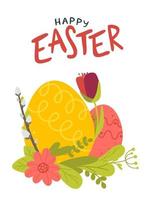 cartel de postal para las felices vacaciones de Pascua con huevos, flores, sauces y otros atributos. ilustración vectorial en un estilo plano aislado en un fondo blanco vector