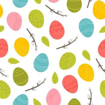 Easter pattern with willow and multicolored eggs on a white background. Vector illustration in a flat style